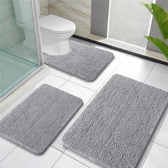 Chenille Bathroom Rug Set 3 Piece Soft Absorbent Quick Dry Bath Mats Grey - Picture 7 of 7